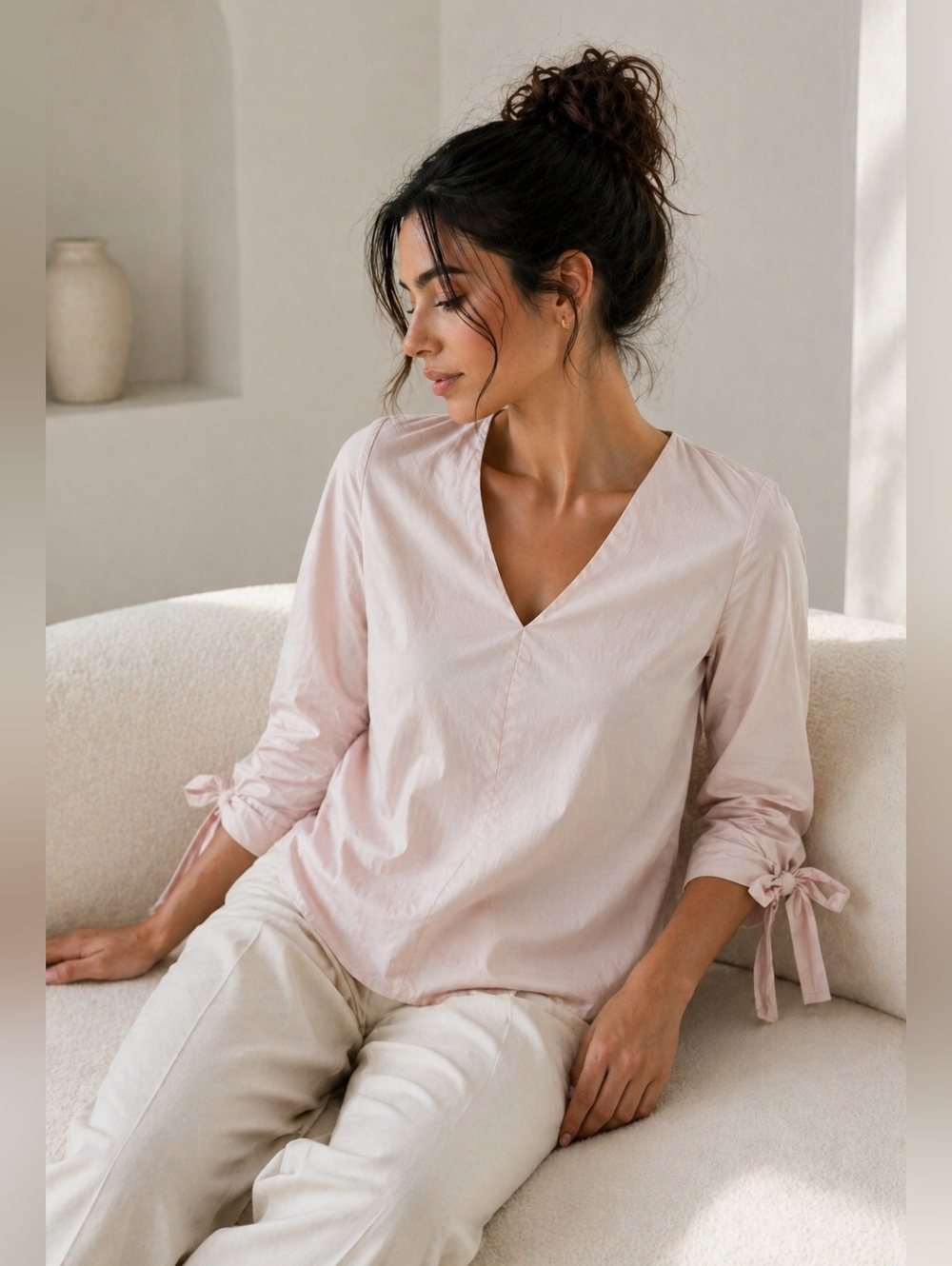 COS Pale Pink Cotton Blouse Tie Sleeve Minimalist Top 2 - Picture 2 of 8